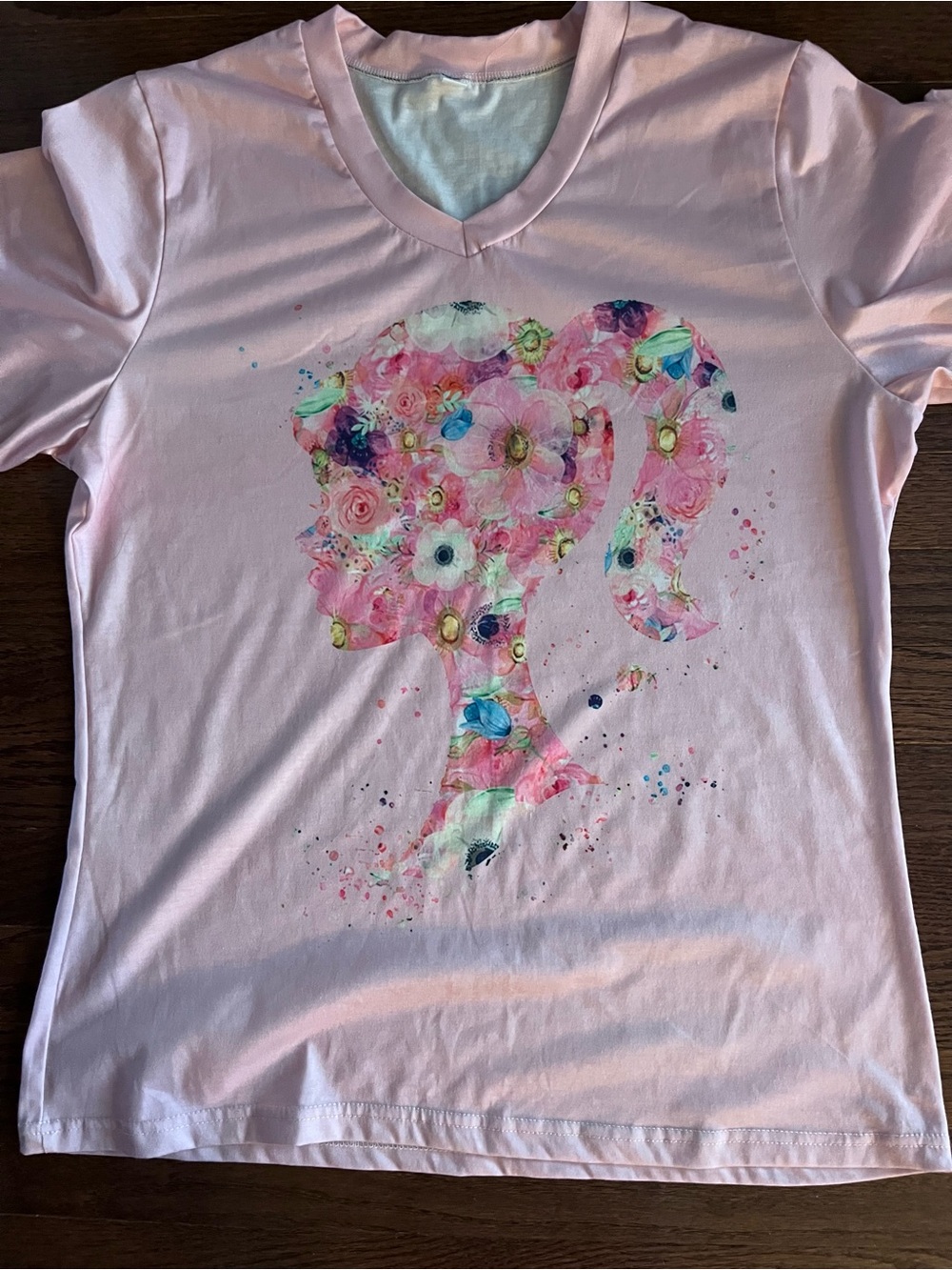 Pink Floral Barbie Silhouette Tee Shirt Size Large
